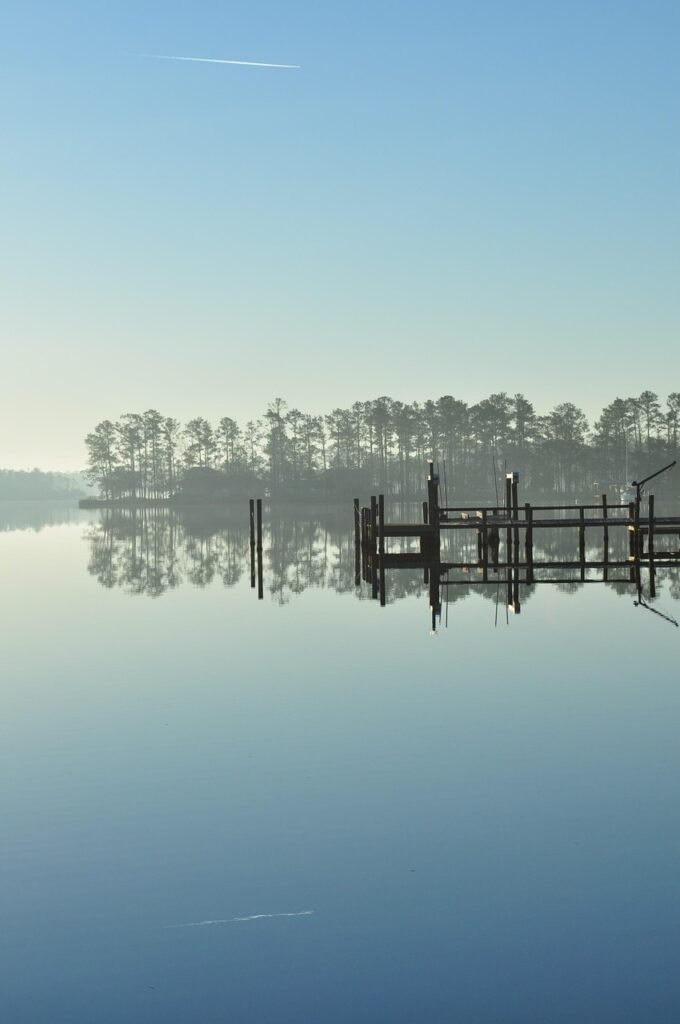 lake, reflection, nature, north carolina, river, water, scenic, fog, blue sky, calm, blue calm