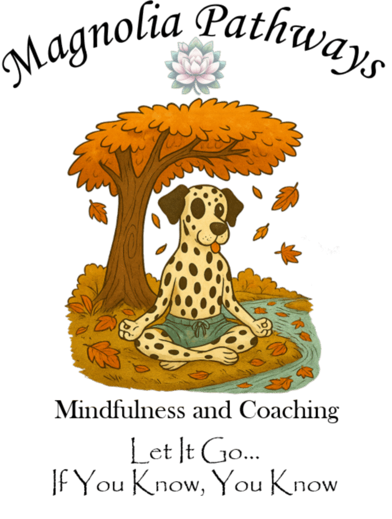 A cartoon great dane sitting by a stream watching leaves float away